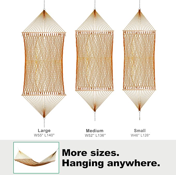 GAFETE 12ft Double Hammocks for Outside, Handwoven Traditional Cotton Rope 2 Person Hammock with Hardwood Spreader Bar, Chains & Hooks for Indoor Outdoor, Max 450 lbs Capacity (Coffee Brown, Medium)