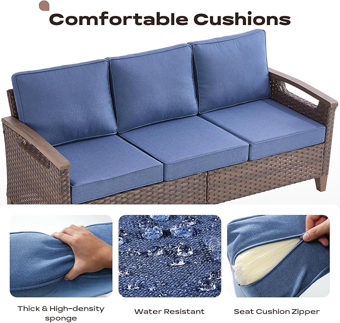 Rilyson Wicker Outdoor Patio Furniture Set - 7 Piece Patio Conversation Sets with Swivel Rocker Chairs, Chairs, Ottomans and Sofa, Thick Cushions, Waterproof Wicker, for Porch Deck Brown/Blue