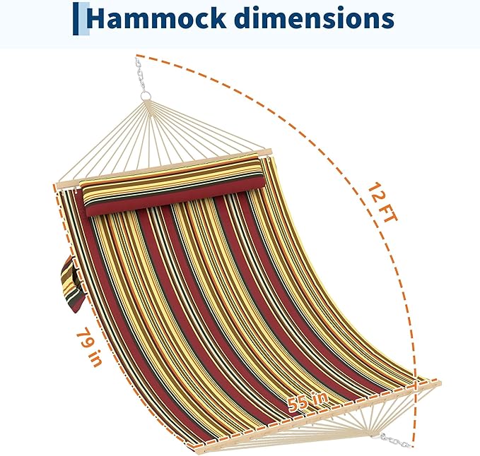Hammocks 12 FT Double Quilted Fabric Hammock with Spreader Bar and Detachable Pillow, 2 Person Hammock for Outdoor Patio Backyard Poolside, 450lbs Weight Capacity