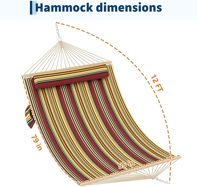 Hammocks 12 FT Double Quilted Fabric Hammock with Spreader Bar and Detachable Pillow, 2 Person Hammock for Outdoor Patio Backyard Poolside, 450lbs Weight Capacity