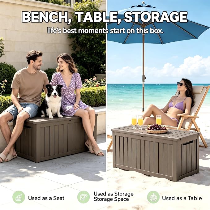 182 Gallon Outdoor Deck Storage Box, Large Waterproof Resin Patio Storage Box, Lockable Bench Seat Holds 2 Adults, for Garden Tools, Cushions & Pool Floats, UV & Rust Resistant, Gray Brown