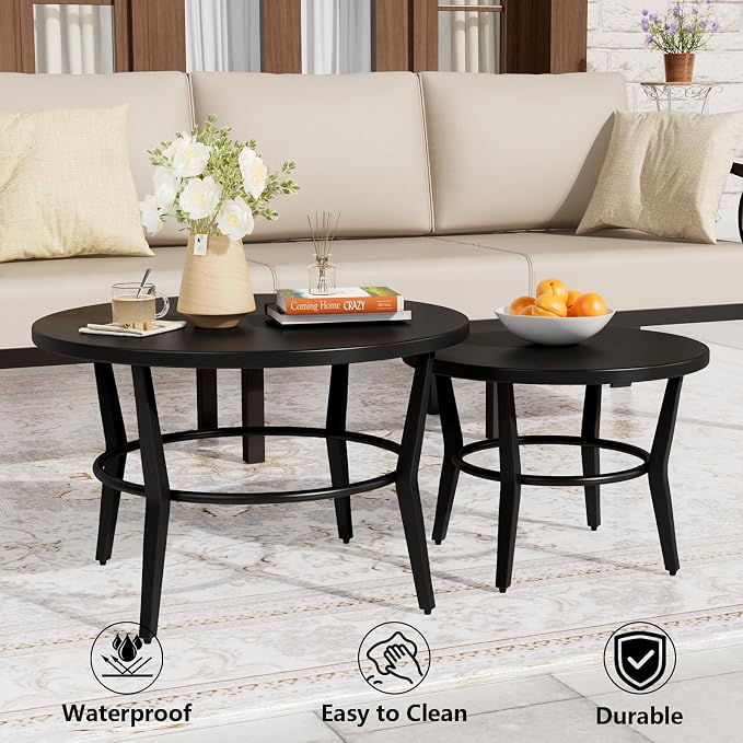 ALAULM Patio Round Coffee Table Set of 2, Outdoor Large Side Table-Weather Resistant Metal Steel for Patio, Backyard, Pool,Lawn(Black)