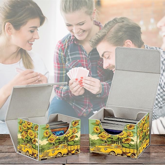 Card Deck Box for MTG, Cards Storage Box Fits 120+ Sleeved, Leather Small Size Strong Magnetic Closing Card Case for Board Games Magic TCG CCG Baseball Collection, Sunflower Truck