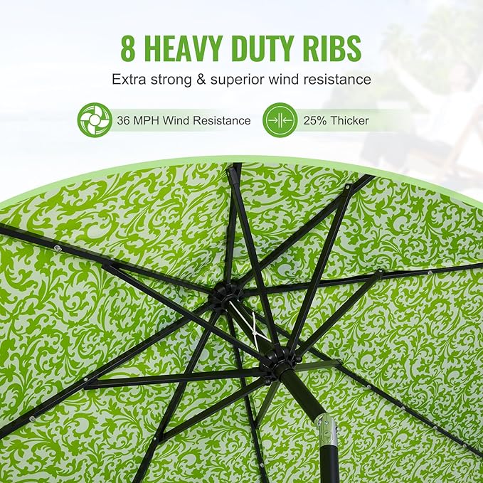 Backyard Expressions 9FT Solar Patio Umbrella with 32 LED Lights, UPF50+ UV Protection, Fade-Resistant Fabric, Easy Tilt & Crank, Outdoor Umbrella for Patio, Deck & Pool (Base Not Included)