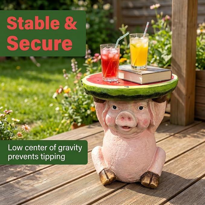 13.4 Inch Tall Pig Side Table Garden Decor Outdoor Resin Statue | Whimsical Watermelon Tray, Plant Stand, End Table Figurine, Weather Resistant
