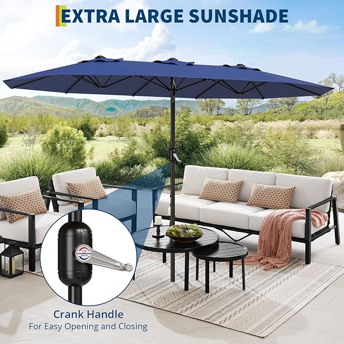 13FT Patio Umbrella, Outdoor Double-Sided Rectangle Market Umbrella with Crank Handle for Pool, Lawn, Garden, Backyard, Navy Blue