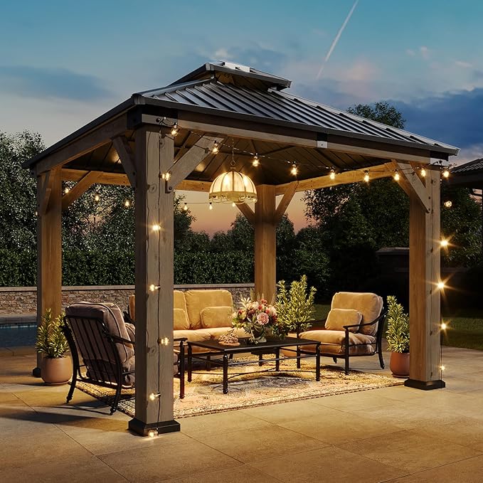 Aoxun 10' x 10' Outdoor Wood Gazebo, Hardtop Gazebo Permanent Wooden Pavilion with Galvanized Steel Double Roof, for Backyard, Garden, Deck, Cedar Wood, Grey