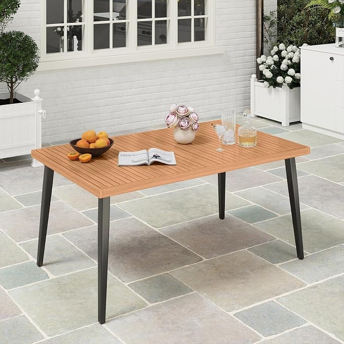 Tangkula 63" Acacia Wood Patio Dining Table for 6, Outdoor Dining Table with 1.97" Umbrella Hole & Metal Legs & Adjustable Foot Pads, Rectangular 6-Person Outside Table for Garden, Poolside & Backyard
