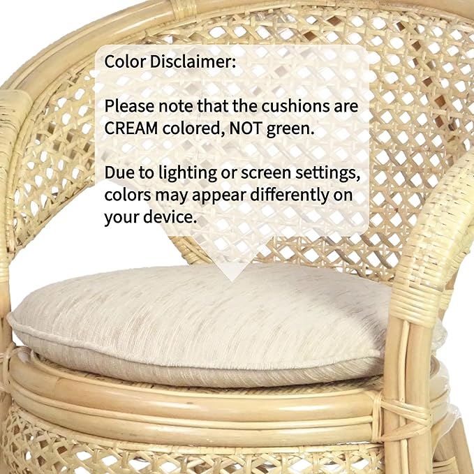 3 Pcs Pelangi Rattan Wicker Dining Set Round Table Glass Top and 2 Arm Chairs with Cream Cushion, Natural Color