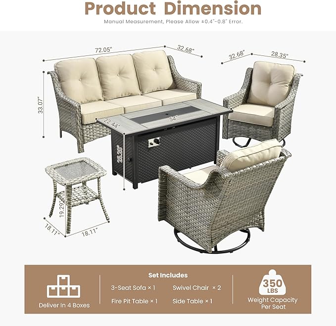 HOOOWOOO Patio Furniture Set,5 Pieces Wicker Outdoor Furniture,High Back Conversation Set with All Weather Resistant Fire Pit Table Couch Swivel Chairs,Beige Tan