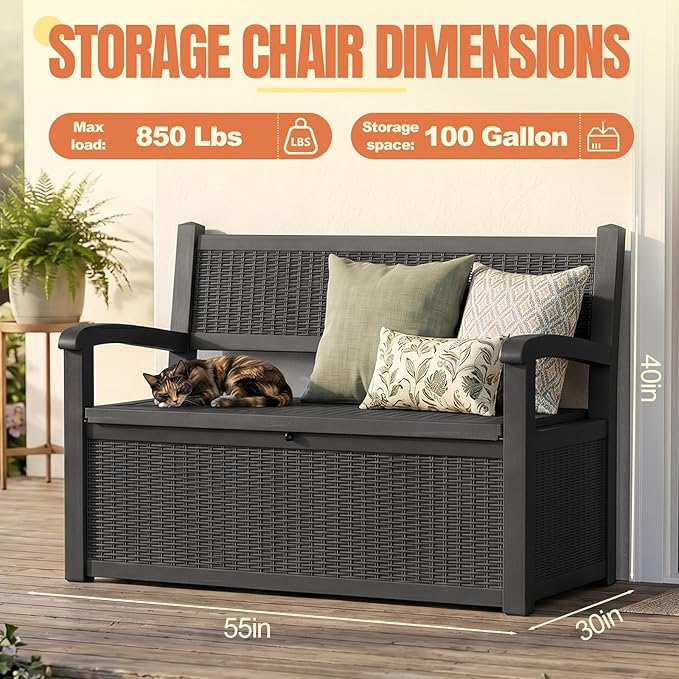 Storage Bench Outdoor Deck Box,100 Gallon Waterproof & UV Resistant Lockable Patio Furniture Seating.Indoor/Outdoor Shoe Storage Cabinet for Garden Cushions,Tools,Patio,Pool Supplies(Black)