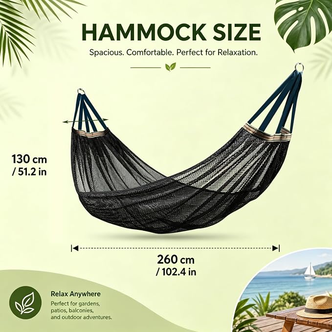Camping Hammock Lightweight Portable, Anti-roll Breathable Mesh Outdoor Hammock with Tree Straps & Carry Bag, Black (102.36x51.18in)