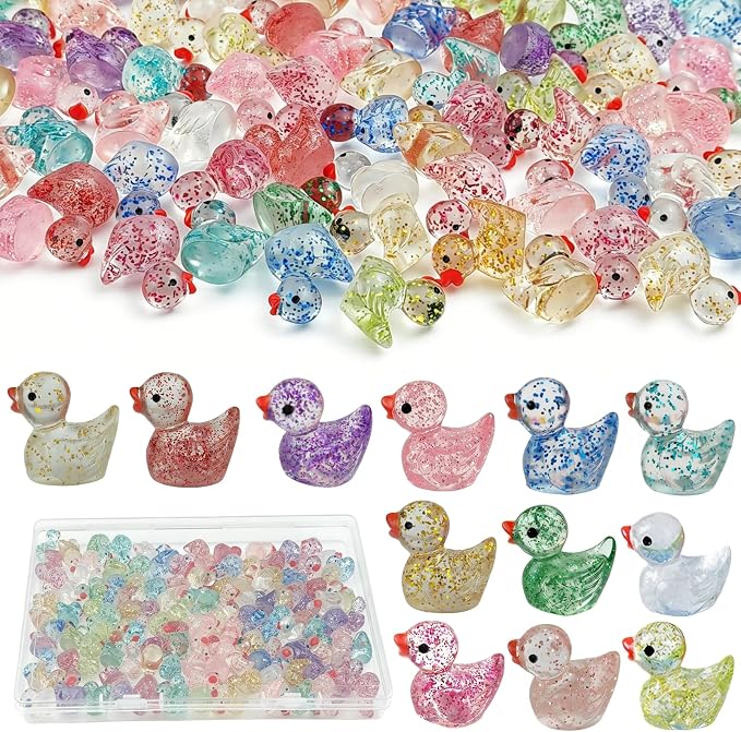 120PCS Mini Glitter Resin Ducks 12 Colors | Tiny Colorful Resin Ducks, Miniature Little Plastic Animal Figures for Micro Landscape Fish Tank Garden Dollhouse DIY Decor