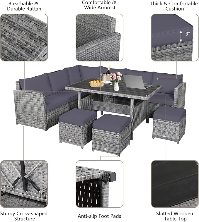 HAPPYGRILL 7 Pieces Rattan Wicker Patio Conversation Set, Outdoor Patio Furniture Set with Cushions, Rattan Sofa Set with Dining Table & Ottomans for Poolside Backyard Balcony Garden (Grey)