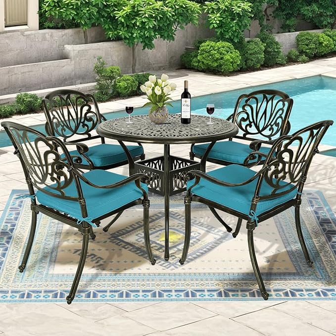 MEETWARM 5 Piece Outdoor Furniture Patio Dining Set, All-Weather Cast Aluminum Patio Table and Chairs Set- 4 Cushioned Chairs, 1 Round Dining Table with Umbrella Hole for Backyard, Ocean Blue