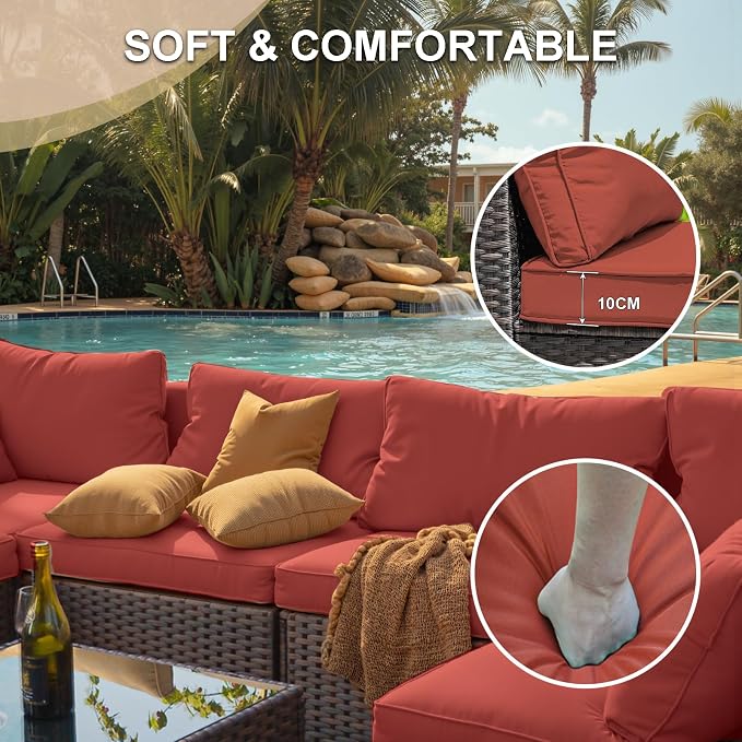 9 Piece Patio Furniture Set with 42" Fire Pit Table, Outdoor Wicker Rattan Sectional Sofa Set, Patio Conversation Set with Thickened Cushions, Red