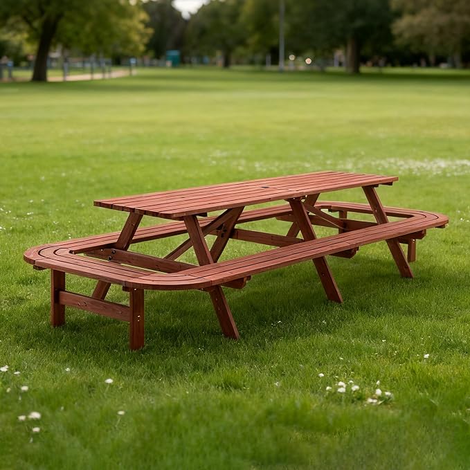 121'' Large Outdoor Dining Table, Rectangular Wooden Patio Dining Table & 2 Built-in Bench for 16, 2" Umbrella Hole, Suitable for Backyard Garden Porch, Brown