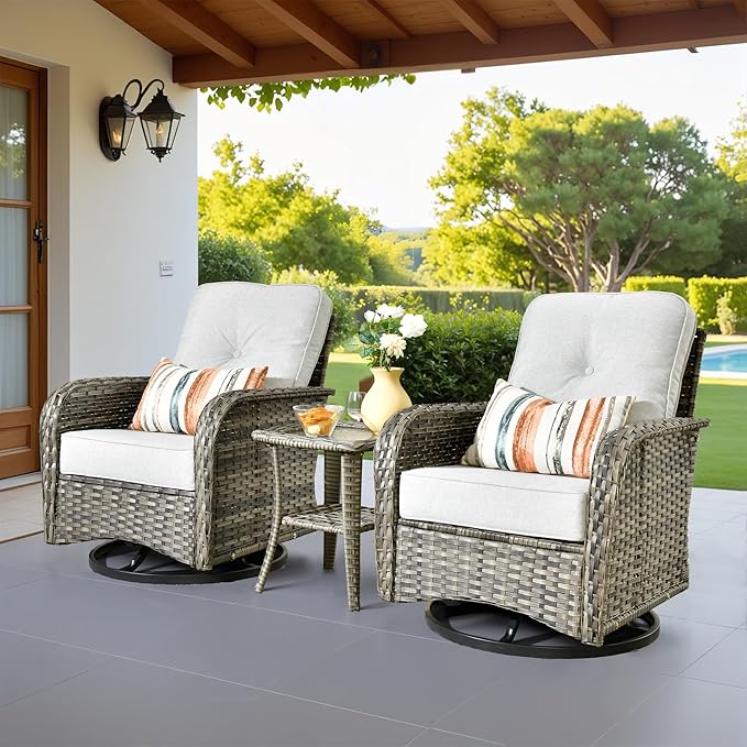 Weaxty Outdoor Swivel Rocker Patio Chairs, 3 Pieces Patio Furniture Set with Rocking Chair and Wicker Side Table, Outdoor Furniture Conversation Set for Porch, Deck, Yard, Balcony, Light Gray