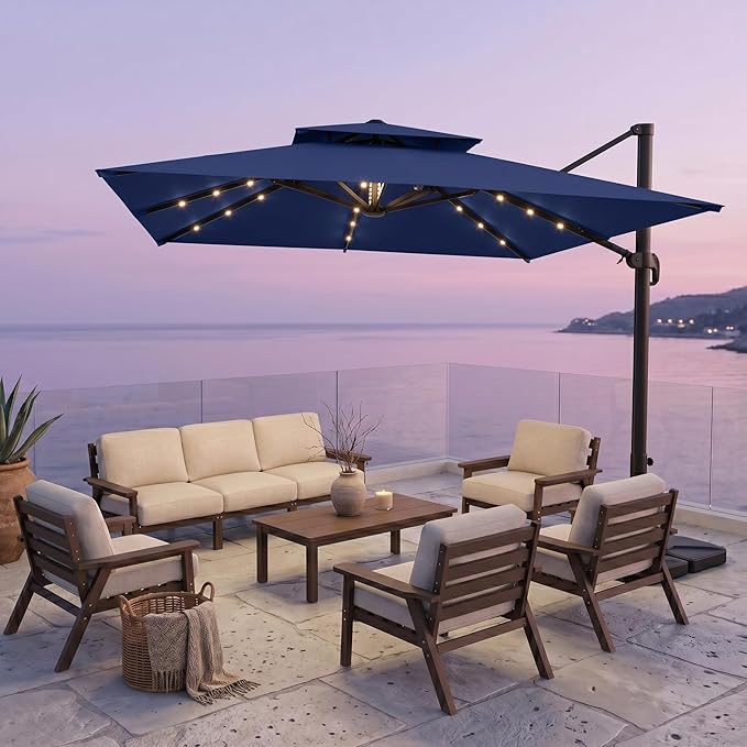 Kingdura Cantilever Patio Umbrella with Double Top Vent, Large Square Aluminum Outdoor Offset Umbrella with 360-degree Rotation, Infinite Tilt, UV Protection for Pool Deck Garden Patio