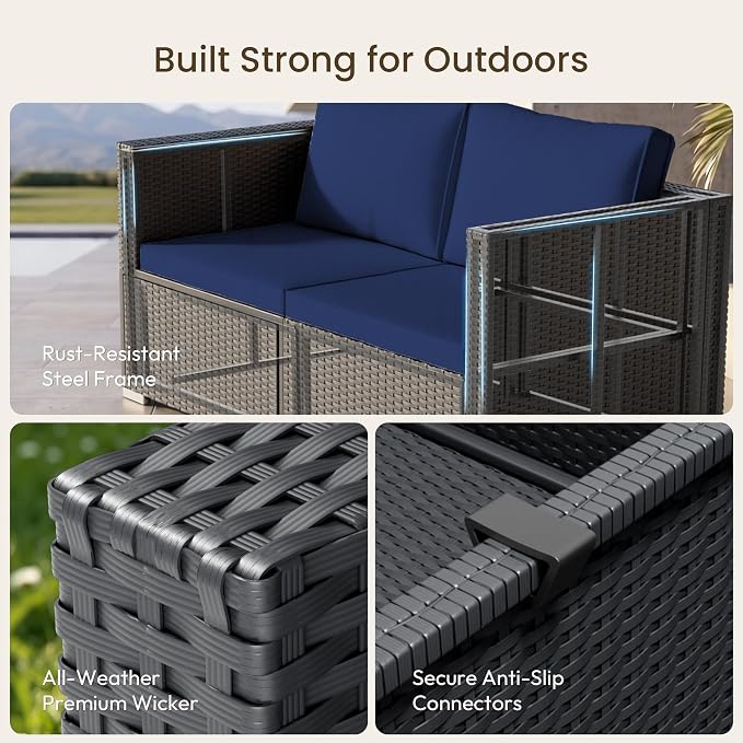 Patio Furniture Set - All-Weather -5 Piece Outdoor Patio Conversation Couch Sets, Modular Wicker Rattan Sectional Sofa for Garden, Patio, Poolside, Backyard, Balcony, Porch,Navy Blue