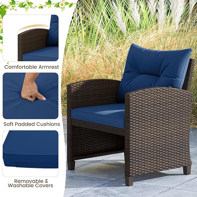 ORALNER 5 Pieces Patio Furniture Set with Ottoman, Wicker Conversation Set w/Cushions, Glass Coffee Table, Outdoor Rattan Lounger Chairs Bistro Set for Porch Balcony Garden Deck Poolside (Navy)