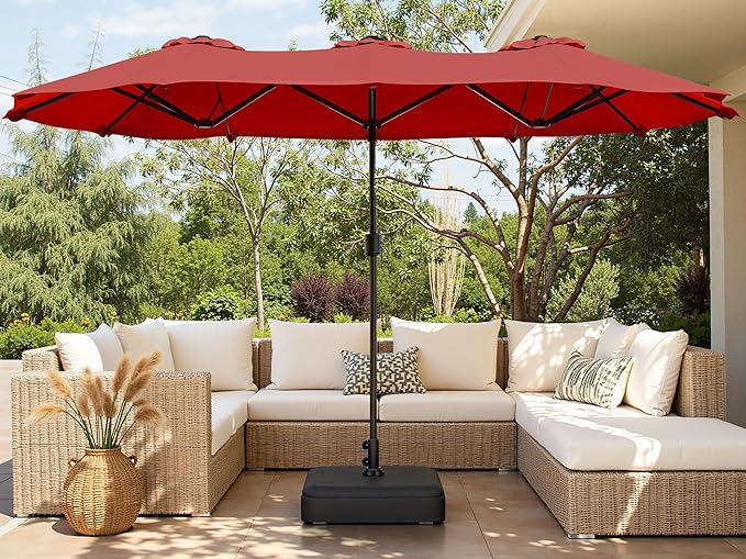 Shintenchi 16FT Large Patio Umbrella with Base Included, Outdoor Double-Sided Rectangular Shade with Crank Handle for Poolside Lawn, Deck & Garden, Red