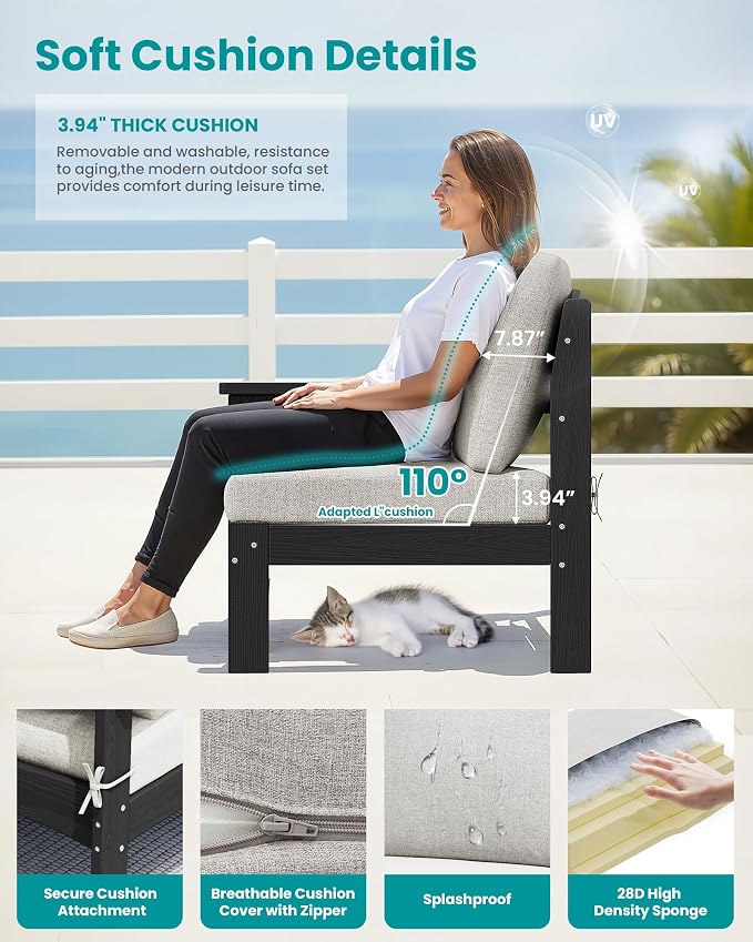 SERWALL HDPE Patio Loveseat Sofa, 2 Pieces Single Sofa, Weather-Resistant Outdoor Furniture Chair with Thick Removable Cushion, Balcony, Garden, Backyard, Poolside, Black Frame with Khaki Cushion