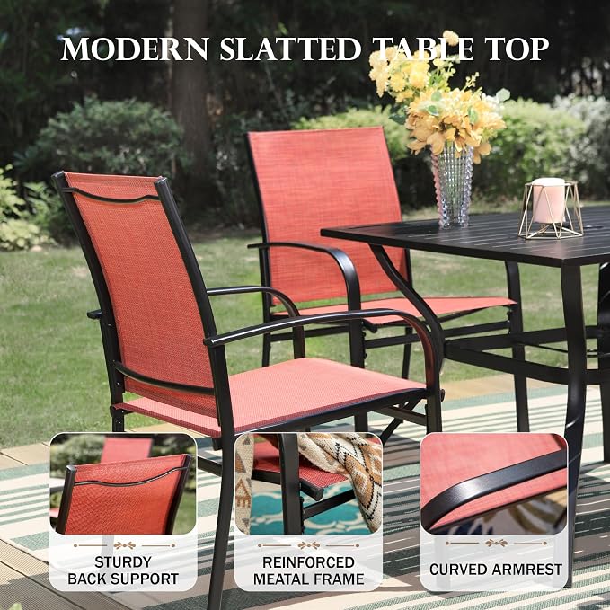 HERA'S HOUSE 5pc Patio Dining Set for 4, Outdoor Metal Table & Red Chairs | Textilene chairs + 37" square table with umbrella hole. Waterproof, rust-resistant, all-weather for backyard, porch