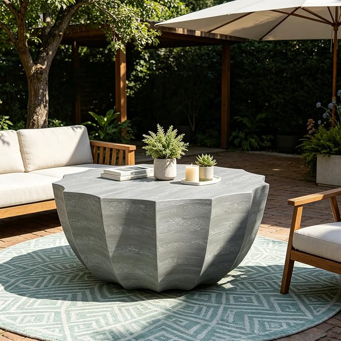 35.43" Round Outdoor Coffee Table, Durable MgO Cement Design – Waterproof for Patio, Garden & Living Room, Stylish & Low-Maintenance (Marble white-11-35.43")