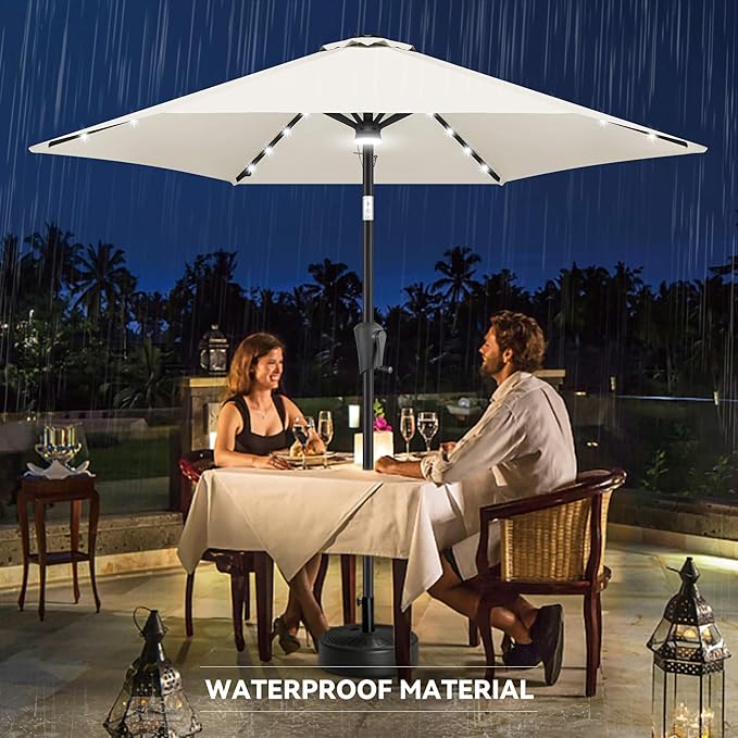 10FT Solar Patio Umbrella - Outdoor Umbrella with Centre Surround Light 24 LED Lights, Market Table Umbrella with Tilt for Pool, Porch, Garden, Deck, Backyard UV Protection (Ivory)
