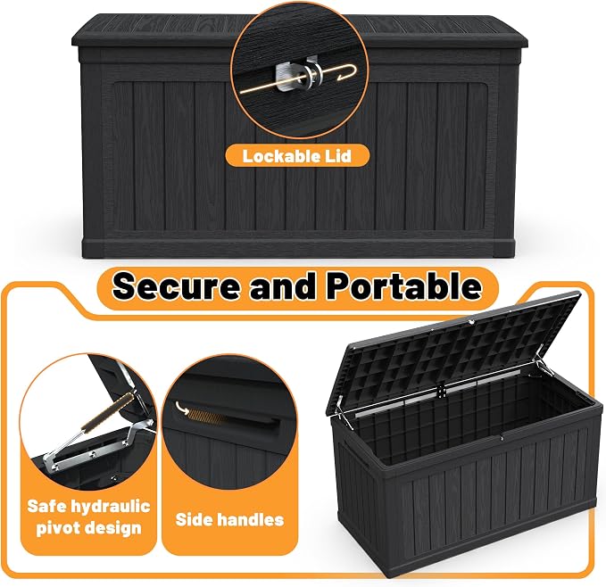 230 Gallon Deck Boxes Outdoor Waterproof Outside Storage Box,Resin Lockable Deck Box with Reinforced Support for Patio Cushions Furniure,Garden,Tools (Black-230 Gal)