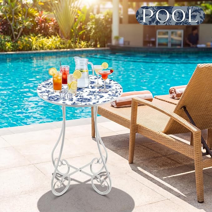 Cinnvoice 14 Inch Outdoor Side Table Round Small Patio Accent Weather Resistant Metal Elegant Indoor End Plant Coffee Tea Table for Yard Patio Outdoor Porch Garden Living Room(Blue Floral)