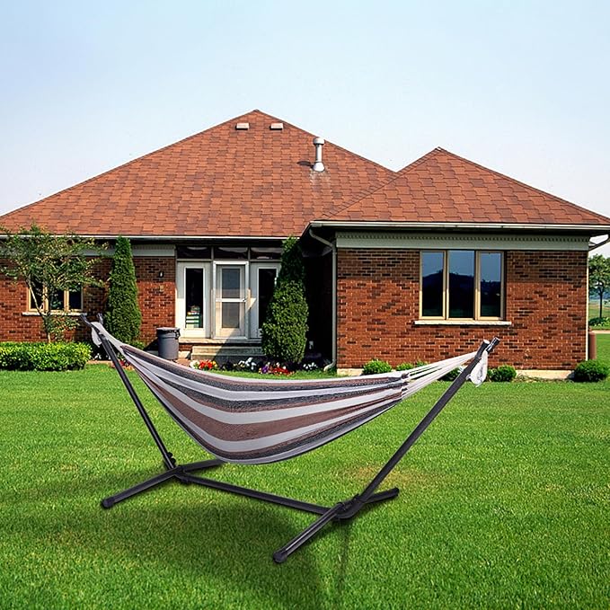Outdoor Hammock with Stand, Hammocks for Outside, Free Standing Hammock with Stand for Backyard, 102.3"x41.33"x39.37", Portable & Weather-Resistant, Easy Assembly, Hamacas Para Adultos, Coffee Stripes