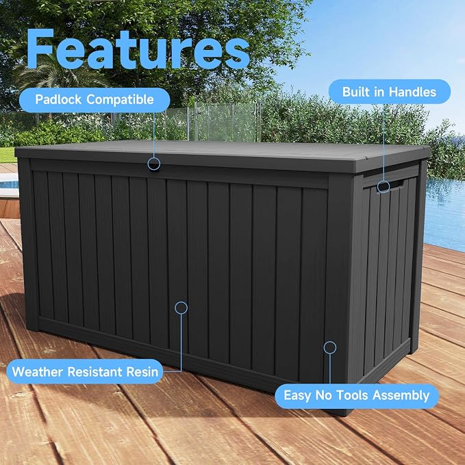 Large Outdoor Storage Box Waterproof, UV Resistant Resin Deck Box for Patio Furniture,Garden Tools,Cushions (Black, 180 Gallon)