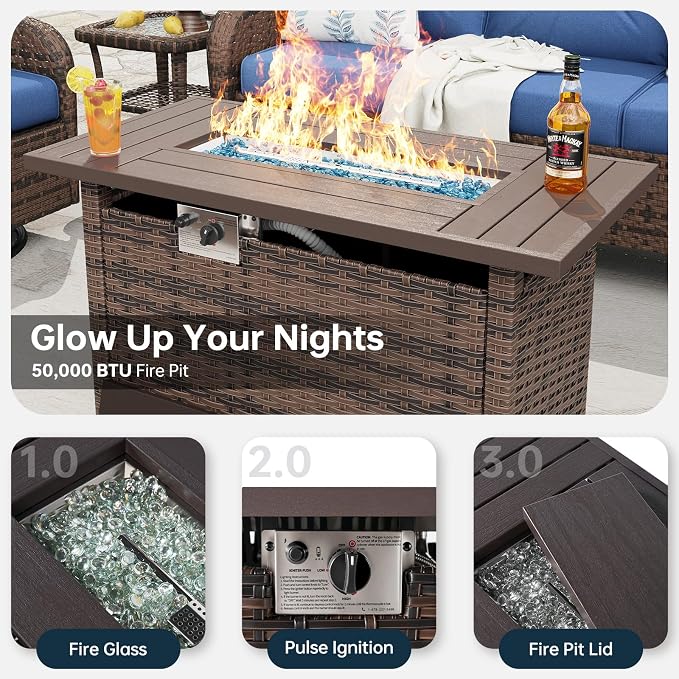 LazySunsets Luxury 10-Piece Patio Furniture Set with 44'' Fire Pit Table, Wicker Rattan Sofa with Thick Cushion, Outdoor Conversation Set for Backyard, Poolside & Garden, Brown/Navy Blue
