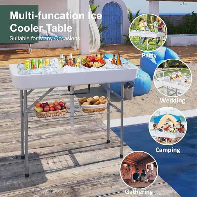 4 Foot Ice Cooler Folding Table, Party Ice Tables with Drain and Detachable White Skirt, Large Plastic Cooler Table to Keep Drinks Cool for Weddings, Outdoor, Picnics, Pool, Camping, BBQ, White