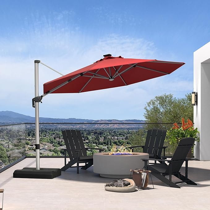 PURPLE LEAF Cantilever Umbrella with base 11ft Outdoor Round Patio Solar Powered LED Umbrella with 360-degree Rotation for Garden Deck Pool Patio, Terra