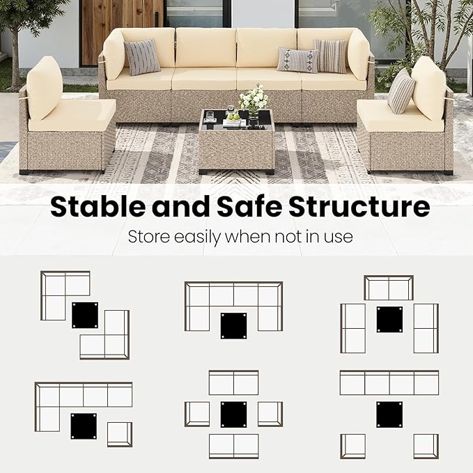 Soohow 7-Piece Patio Furniture Set, Outdoor Sectional All-Weather Wicker Patio Conversation Set for Garden, Porch, Backyard - Beige Cushions