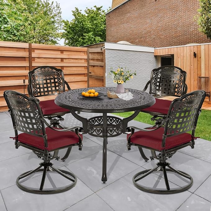 5 Piece Patio Dining Set, Outdoor Table and Chairs Set for 4 Cushioned Swivel Rocking Chairs and 38.5'' Round Table, All-Weather Cast Aluminum Patio Funiture Set, 2'' Umbrella Hole, Red