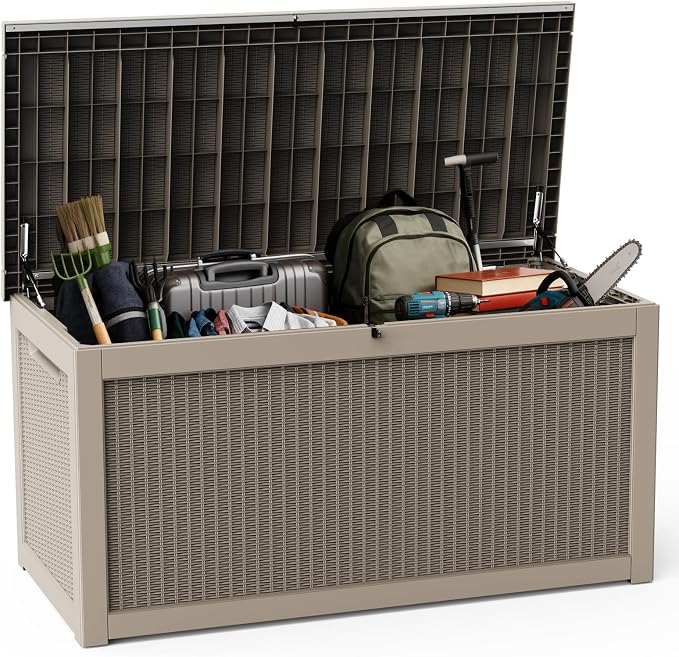 DRATO 320 Gallon Deck Box, Outdoor Large Waterproof Resin Storage Box with Lockable Lid for Patio Cushions, Gardening Tools (Gray, 320 Gallon)