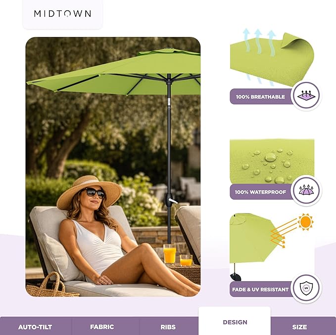 Midtown Umbrellas - The Lean 8 Ft Patio Umbrella with Fade-Resistant Sunbrella Fabric, Auto-Tilt Aluminum Frame and 8 Reinforced Ribs for Deck, Pool & Garden - Macaw Canopy, Black Pole