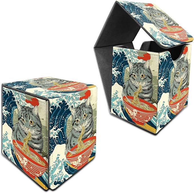 Wave Noodles Cat Card Deck Box for MTG, Personalized Card Storage Case Fits 120+ Sleeved Cards, Premium Leather TCG Box with Strong Magnetic Closure for Magic, CCG, PTCG, Baseball Cards