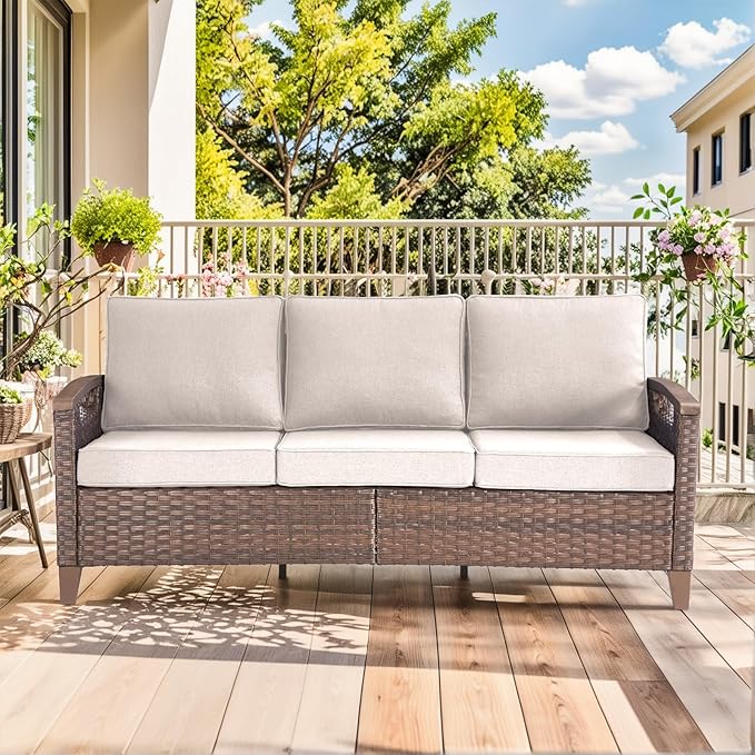 Luxury 5 Piece Heavy Duty Patio Furniture Set with Swivel Chair - All Weather Wicker Comfort Thick Cushion Outdoor Conversation Set with 3 Seat Sofa & Ottoman for Porch Poolside Deck - Beige