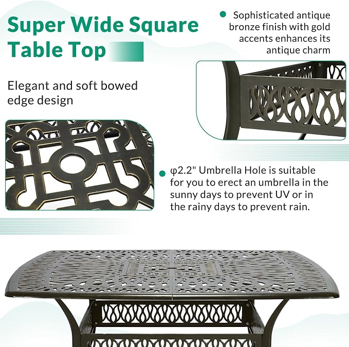 VIVIJASON 9-Piece Outdoor Furniture Dining Set for 8, Cast Aluminum Patio Table and Chairs Set with 6 Stationary Chairs, 2 Swivel Rocker Chairs, 64" Large Square Dining Table, Umbrella Hole, Red