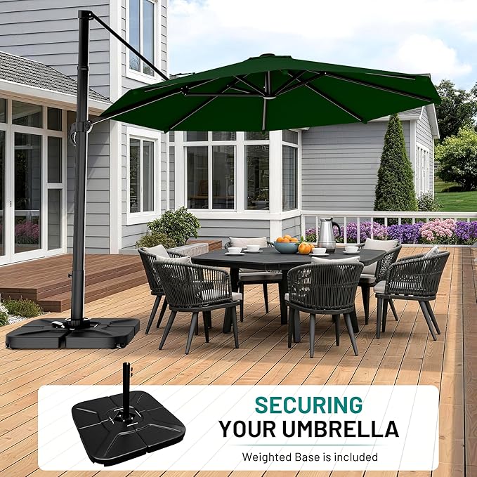 AreShark 11FT Round Cantilever Patio Umbrella with Base Included, 360° Rotation Offset Outdoor Umbrella, 5 Tilt Settings Heavy Duty Hanging Parasol for Deck Garden Pool, Dark Green