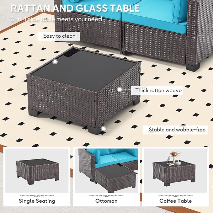 Bonzy Home 3 Pieces Outdoor Patio Furniture Set, PE Rattan Outdoor Sectional Furniture Sofa Set with Removable Cover and Glass Coffee Table, Patio Sofa for Balcony, Porch, Garden, (Brown-Turk Blue)