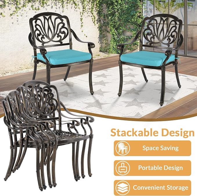 9 Piece Outdoor Patio Dining Set for 8, Cast Aluminium Large Square Dining Table & 8 Cushioned Stackable Chairs, Umbrella Hole, Patio Furniture Set for Garden Porch Poolside, Ocean Blue