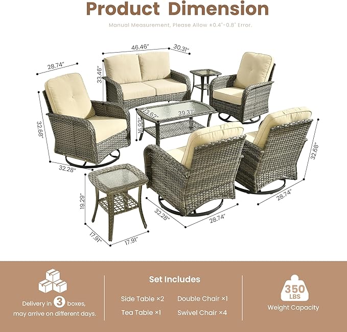 Weaxty 8 Pieces Outdoor Patio Furniture Sets with Swivel Rocking Patio Chairs and Loveseat Sofa,Coffee Table,All Weather Wicker Conversation Set for Deck Backyard Porch Poolside,Beige