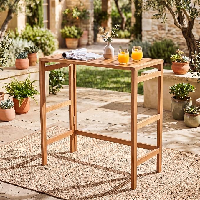 HAPPYGRILL Acacia Wood Folding Bar Table Outdoor Counter Height Patio Dining Table with Slatted Tabletop, for Outside Balcony Garden and Backyard