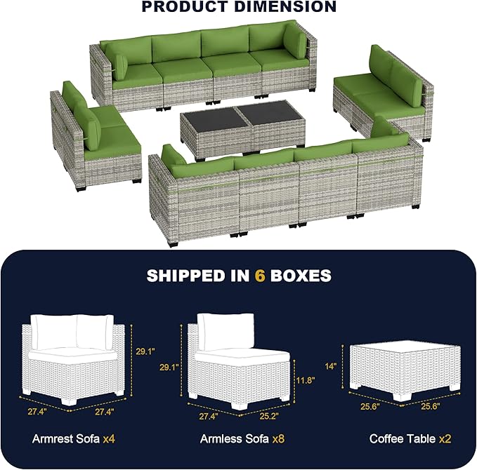 7-Piece Outdoor Patio Furniture Set, PE Wicker Rattan Sectional Sofa Conversation Set with Tempered Glass Table & Thick Cushions - All-Weather Garden, Backyard Furniture, Avocado Green